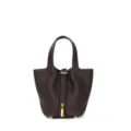 Borsa a secchiello in vera pelle marrone da donna, elegante borsa con chiusura a lucchetto. - 14 cm Ebano (Fibbia dorata)
