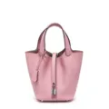 Borsa secchiello in vera pelle rosa con manici e chiusura a lucchetto, elegante. - Rosa 3Q 18 cm (fibbia d'argento)