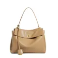 Khaki leather shoulder bag, large capacity commute handbag with metal lock and stylish charm. - Large Khaki Gold Buckle