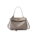 Elegant grey leather shoulder bag for women, premium commuter tote with metal turn-lock. - Mini Milk Tea Gold Buckle