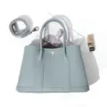 Grey leather tote bag, top handle shoulder handbag, casual commuter large capacity purse - 30cm / Linen Blue