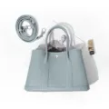 Light blue genuine leather tote bag with top handles and shoulder strap, stylish women handbag. - 25cm / Linen Blue