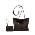Dark brown suede tote bag for women with adjustable crossbody strap and matching pouch. - Coffee