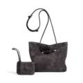 Minimalist dark grey suede tote bag for women with matching pouch, stylish leather shoulder strap. - Dark Gray