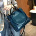 Bolso de hombro de cuero genuino para mujer gran capacidad elegante bolso de mano - Verde azulado