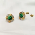 Orecchini a lobo rotondi color oro vintage con motivo malachite verde e pavé di cristalli. - Stile tondo malachite e strass (BXG6-12)