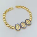 Elegantes vergoldetes Herz Gliedarmband mit drei blauen Zirkonia Marien Anhängern. - Schwarzer Zirkonia