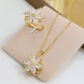 Set collana e anello con fiore girevole placcato oro e zirconi bianchi eleganti donna - Fiore di Zircone