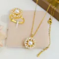 Set di collana e anello alla moda in 2 pezzi con fiore in zircone rotante e design di perle. - Forma Fiocco di Neve Dorato