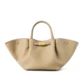 Taupe leather tote bag, large capacity work shoulder bag with elegant metal buckle detail. - Khaki