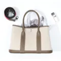 Sac cabas en toile et cuir grand sac a main pour femme de grande capacite de voyage - 30cm / Kaki