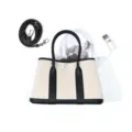 Canvas and leather tote bag, black and white shoulder bag with detachable strap for daily commute. - 25cm / Black