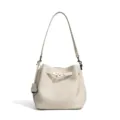 Litchi grain cowhide bucket bag, elegant casual commute shoulder bag with metal lock design. - Glacier White