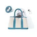 Canvas and leather tote bag, stylish blue and beige shoulder handbag for women daily commuting. - 25cm / Teal
