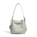Litchi pattern top layer cowhide bucket bag, elegant leather shoulder bag with metal lock. - Matcha Green