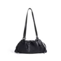 Bolso de hombro de cuero tejido negro con diseño plisado elegante, asa superior moderna. - Negro