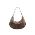 Sac porté épaule croissant en cuir marron, élégant petit sac hobo zippé à surpiqûres. - Brun Cuir Tanné Végétal