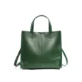Dark green genuine leather large capacity tote bag, stylish work commute shoulder handbag. - Green