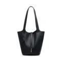 Black leather bucket bag for women, stylish underarm shoulder bag, large capacity commute bag. - Black