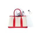 Red and canvas tote bag casual commuting handbag leather trim top handle shoulder bag. - 25cm / Red