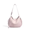 Bolso de hombro rosa de piel para mujer, elegante bolso hobo con anillo metálico y cordón. - Rosa Batido