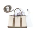 Canvas and leather tote bag for women, large capacity shoulder commuting bag with strap. - 25cm / Khaki