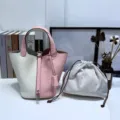 Genuine leather bucket bag bicolor handbag with inner pouch casual tote purse for women. - 18 Cream White with Pink