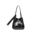 Black genuine leather woven bucket bag, stylish large capacity shoulder handbag for women. - Black