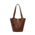 Brown leather bucket bag, chic commuter shoulder bag with top handles and lock detail. - Fubao Brown