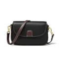 Petit sac bandoulière en cuir véritable pour femme, élégant sac noir avec lanière marron. - Noir