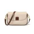 Sac bandoulière en cuir véritable pour femme, élégant sac beige avec bordure marron. - Blanc Cassé