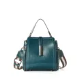 Dark green leather crossbody bag for women, stylish minimalist shoulder tote bag with striped strap. - Teal