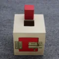 Montessori wooden toy object permanence box with lock and shape sorting block for early learning - Red Building Block Lock