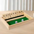 Wooden Shut the Box board game with number tiles and dice for party family entertainment - Single Player 1-12 Flip Board (White Box)