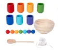 Montessori wooden color sorting toy set with cups and balls in multiple rainbow colors. - 7-Color Balls and Cups (0.35kg)
