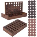 Carbonized wood four in a row board game desktop puzzle toy with wooden box and pieces. - Antique Color