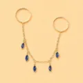 Trendiger europäischer und amerikanischer Doppelring mit Kette und blauen Strasssteinen. - T1 / Gold / Blau Mit Anhänger