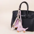 Cute dachshund dog bag charm with silk scarf and tassel pendant, stylish handbag accessory. - Purple Tassel Silk Scarf + Purple Dachshund