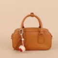 Brown leather top handle handbag with stylish braided ball charm for women fashion daily use. - SJQ21 White - Silver Buckle