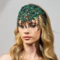 Luxus Gruene Strass Blume Quaste Haarreif Uebertrieben Hofstil Party Buehne Kopfschmuck - Grüner Stein Rund Gold
