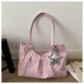 Korean casual pink polka dot shoulder tote bag with cute star charm and convenient front zipper. - Pink