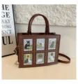 Bolso de mano vintage marrón gato tarot, bolso retro de cuero PU con tachuelas e impresiones - Marrón