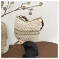Handmade crochet straw shoulder bag, mini knit crossbody bag for women beach vacation. - No Pendant / Beige and Khaki