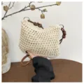 Handmade crochet straw crossbody bag for women, mini knit phone bag with brown leather strap. - No Pendant / Off White