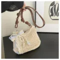 Mini handmade woven crossbody bag for women, lightweight knitted shoulder bag with pearl decor. - With Charm / Off White