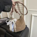 Brown hand-knitted crochet crossbody bag with pearl lace bow, cute mini woven shoulder bag. - With Charm / Khaki