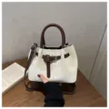 Trendy Women Brown White Bucket Bag PU Leather Contrast Color Shoulder Crossbody Bag - No Pendant / White