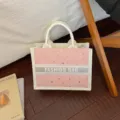 Pink star printed canvas tote bag stylish casual handbag with top handles for women summer daily use - No Pendant / Pink