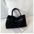 Borsa shopper nera in camoscio per donna, grande borsa a spalla elegante con fibbia di cintura. - Nero