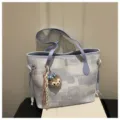 Blue and white color block canvas tote bag bucket bag with cute plush bear pendant. - With Charm / Blue